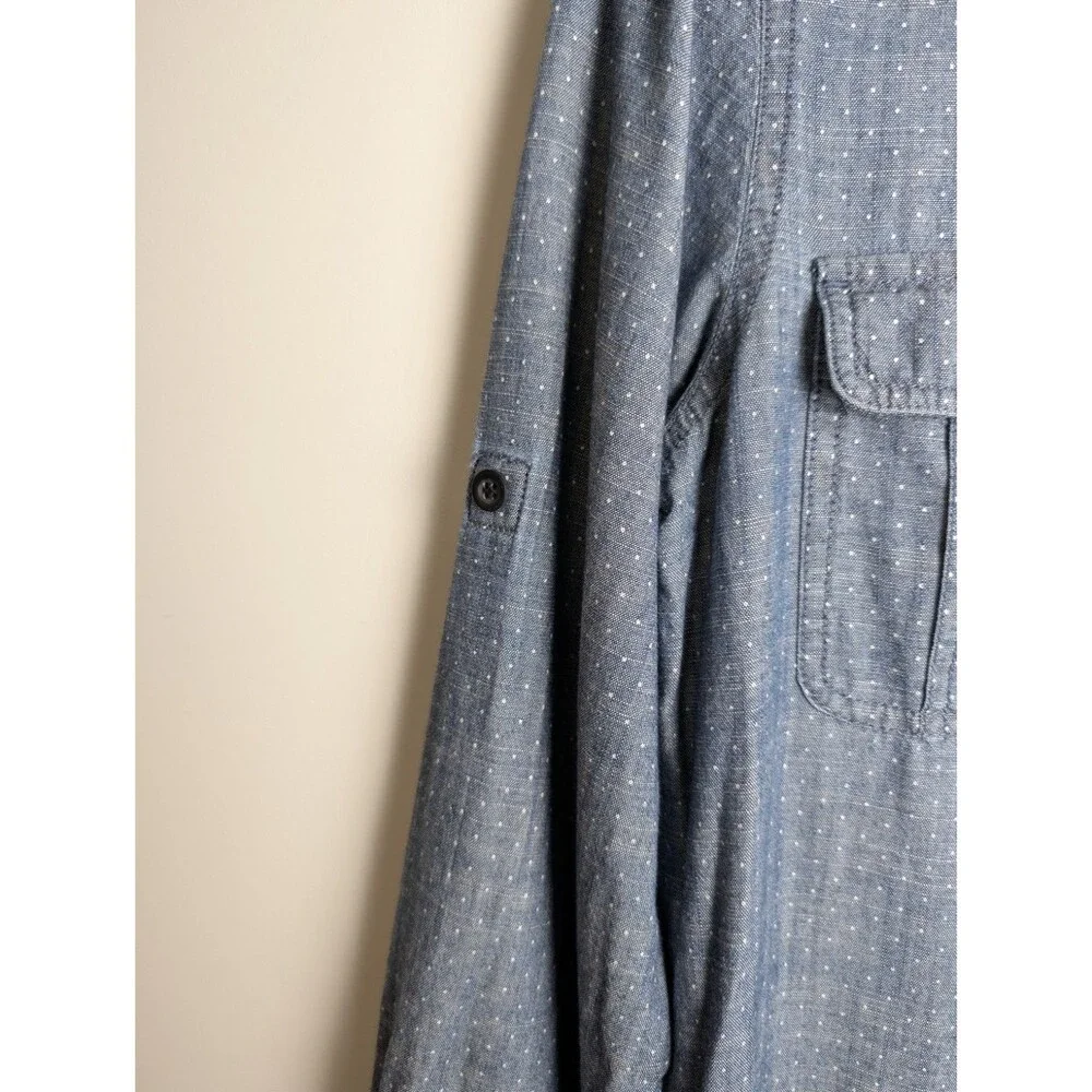 J.Crew Chambray Polkadot Shirt Dress Size S Blue Cotton Roll Tab Long Sleeve